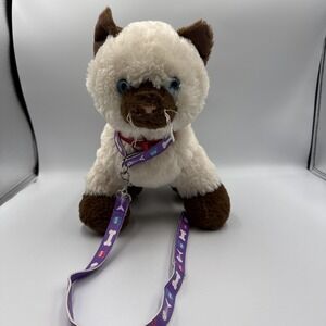 A125 Build a Bear Siamese Cat Kitten Plush 15" Stuffed Toy With Purple Leash